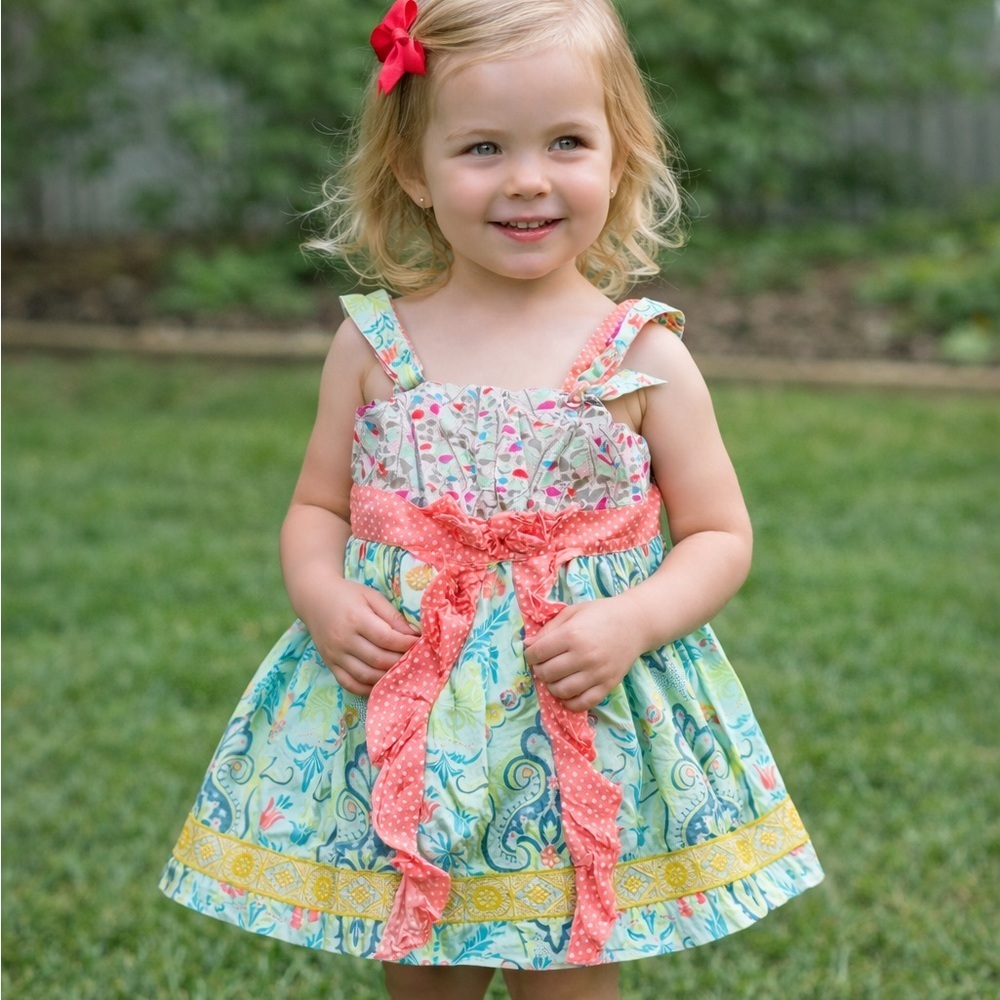 Matilda Jane Coral Pink & Aqua Floral Sundress Top - Picture 2 of 7